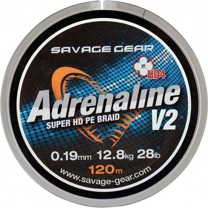 Шнур SAVAGE GEAR HD4 Adrenaline V2 120m 0.19mm 28lbs 12.8kg Grey 54830